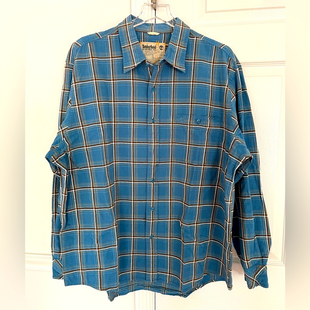 Timberland blue Plaid cotton Shirt Long Sleeve Button Front Pocket Men's XXL EUC